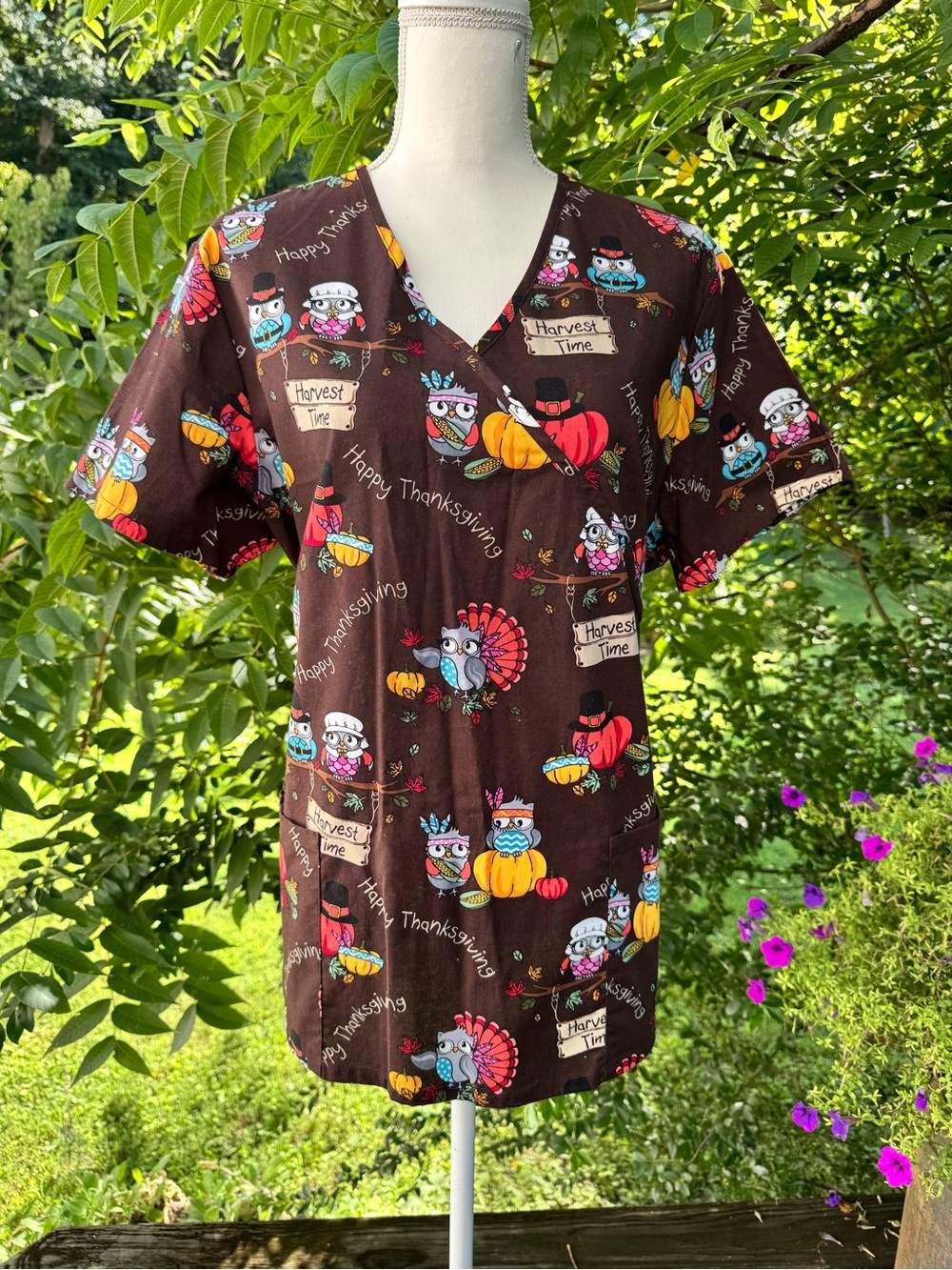 NWT ScrubStar Thanksgiving Owl Scrub Top Large Harvest Time Cotton Nurse